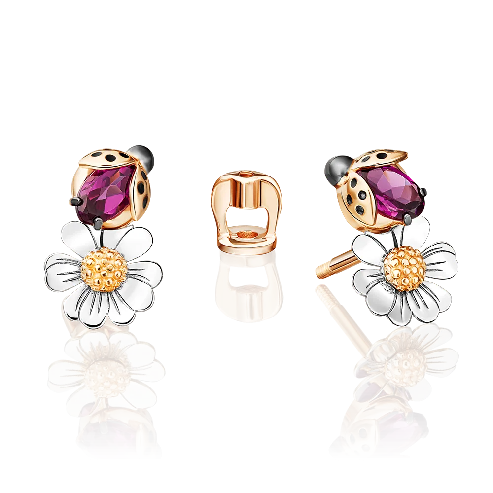 Серьги-пусеты «Драгоценный сад» (пожелание удачи) из комбинированного золота с гранатом и эмалью 02-4701-00-204-1111-75