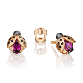 Серьги-пусеты «Драгоценный сад» (пожелание удачи) из красного золота с гранатом и эмалью 02-4704-00-204-1110-75