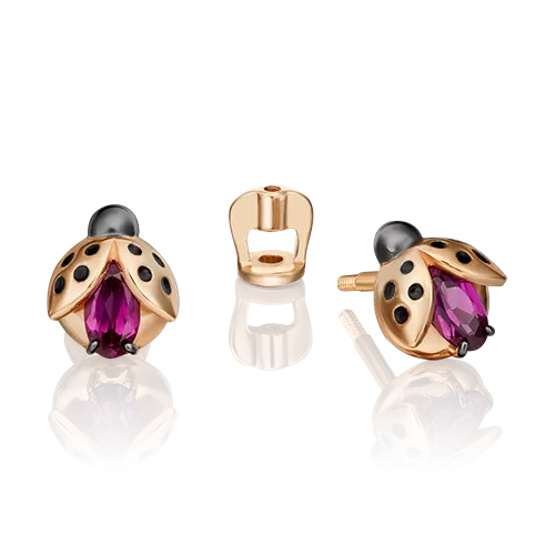 Серьги-пусеты «Драгоценный сад» (пожелание удачи) из красного золота с гранатом и эмалью 02-4704-00-204-1110-75