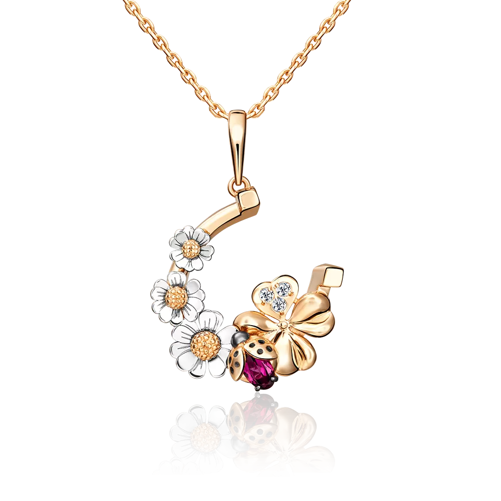 Подвеска «Драгоценный сад» (пожелание удачи) из комбинированного золота с гранатом, натуральными топазами white и эмалью 03-3217-00-264-1111-75