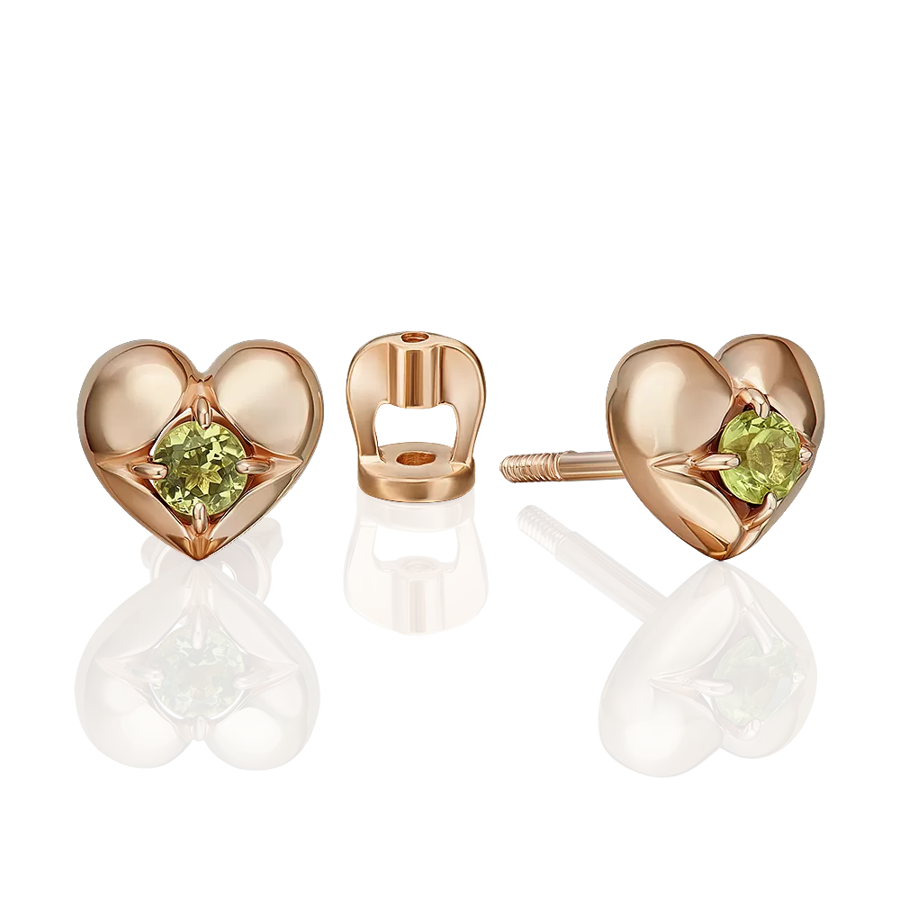 Серьги-пусеты «Сердца» из красного золота с хризолитом 02-5392-00-205-1110
