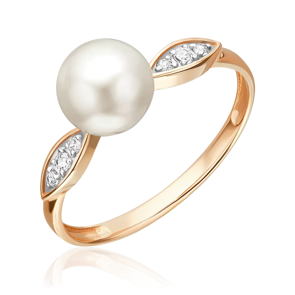 Кольцо из красного золота с жемчугом культивированным и фианитами 01-5961-00-302-1110