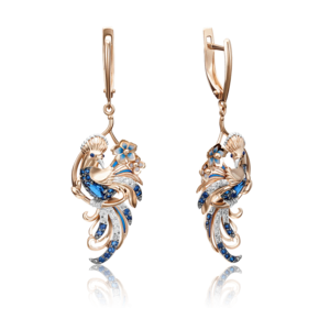 Серьги «Райские птицы» с английским замком из красного золота с сапфирами, бриллиантами и эмалью 02-4101-00-105-1110-30