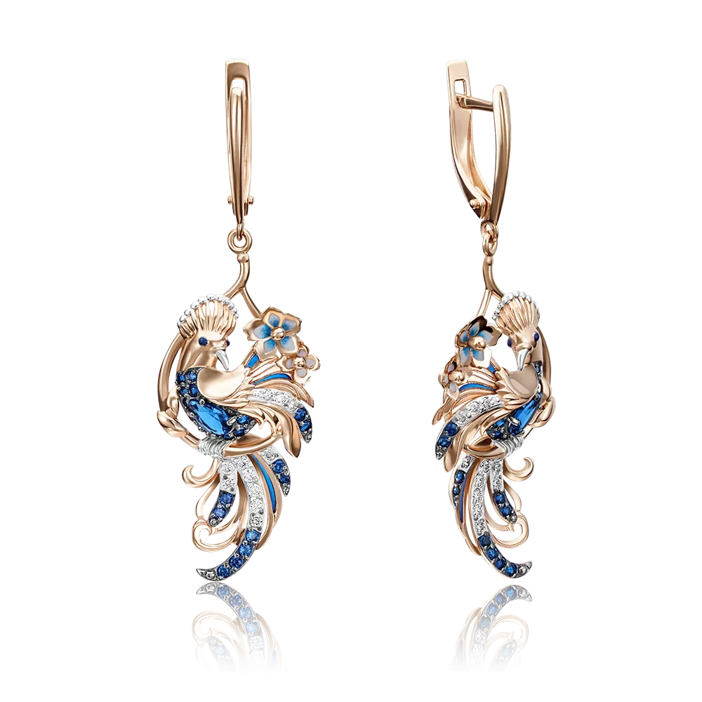Серьги «Райские птицы» с английским замком из красного золота с сапфирами, бриллиантами и эмалью 02-4101-00-105-1110-30