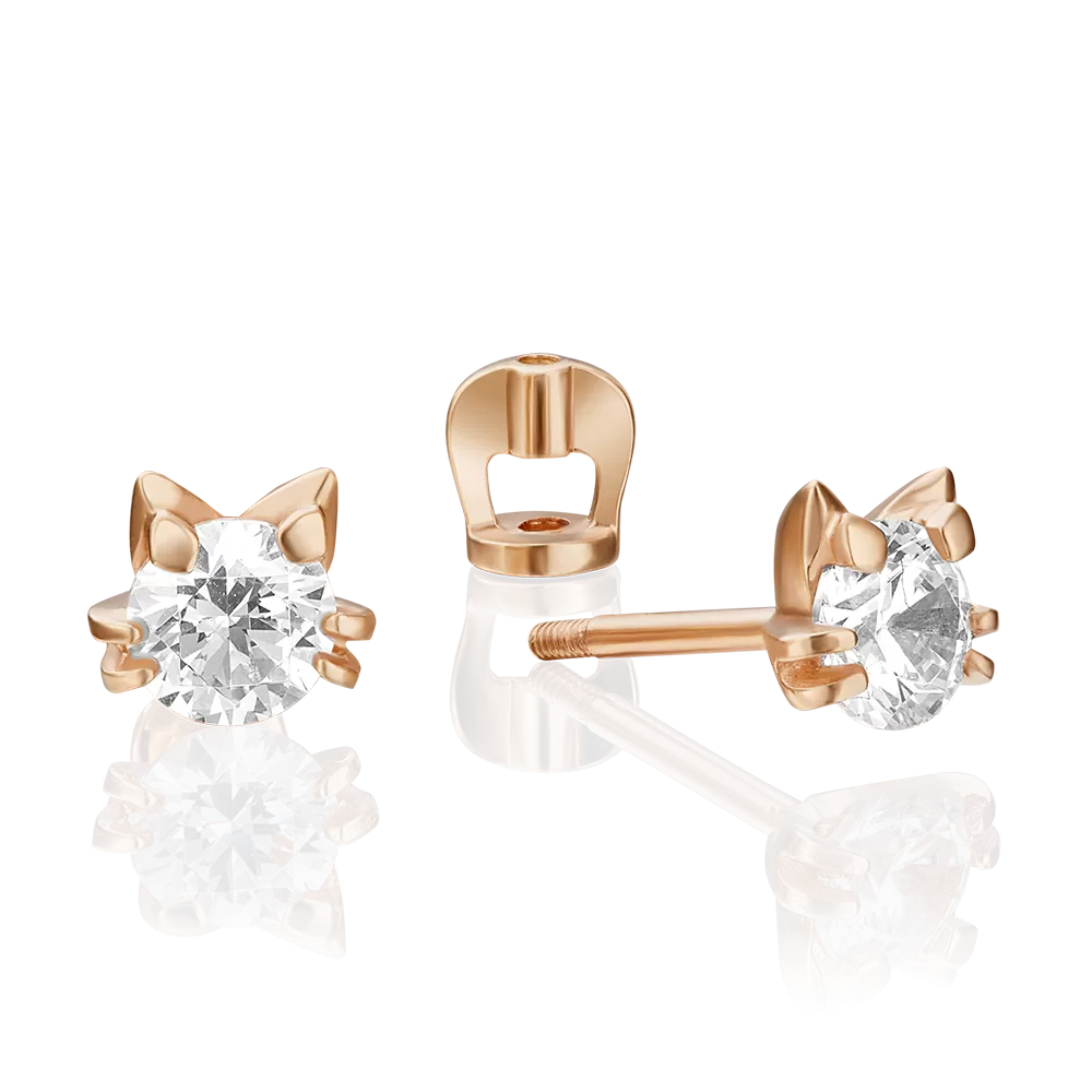 Серьги-пусеты «Мяу!» из красного золота с фианитом 02-4308-00-501-1110-38