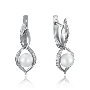 Серьги с английским замком из белого золота с жемчугом культивированным и фианитами 02-3232-00-302-1120-24