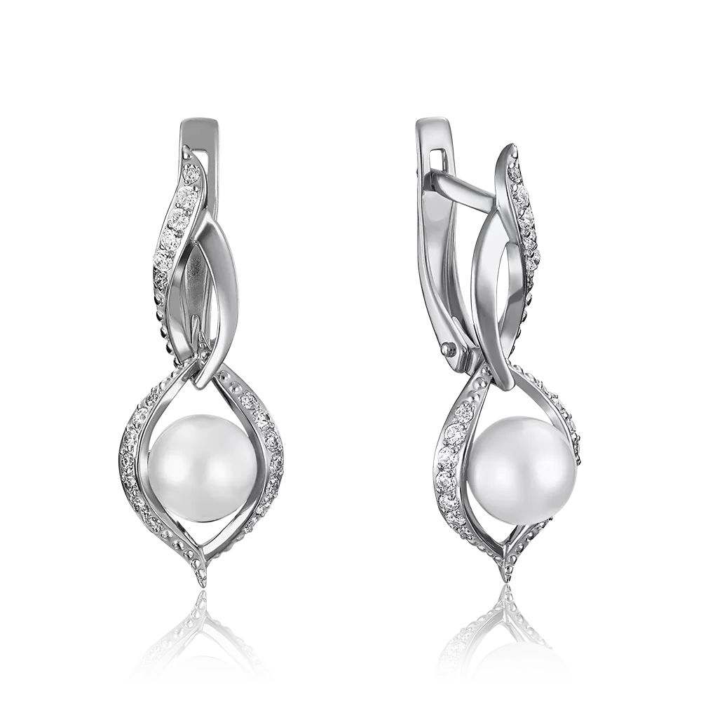 Серьги с английским замком из белого золота с жемчугом культивированным и фианитами 02-3232-00-302-1120-24