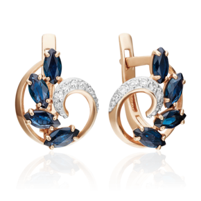 Серьги с английским замком из красного золота с сапфирами и бриллиантами