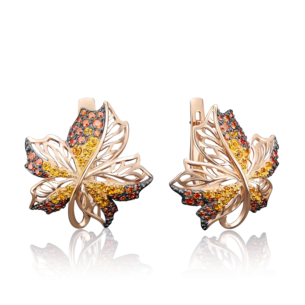 Серьги «Кленовые листья» с английским замком из красного золота с фианитами 02-3698-00-404-1110-32
