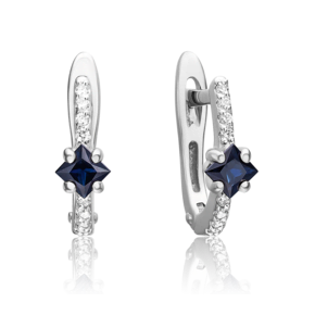Серьги с английским замком из белого золота с сапфиром и бриллиантами
