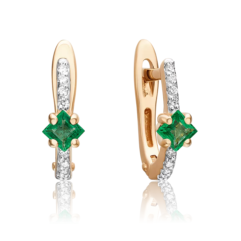 Серьги с английским замком из красного золота с изумрудом и бриллиантами 02-0896-00-106-1110-30