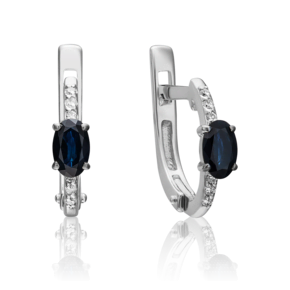 Серьги с английским замком из белого золота с сапфиром и бриллиантами
