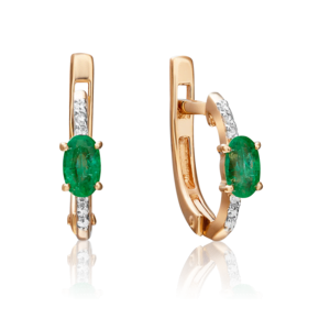 Серьги с английским замком из красного золота с изумрудом и бриллиантами