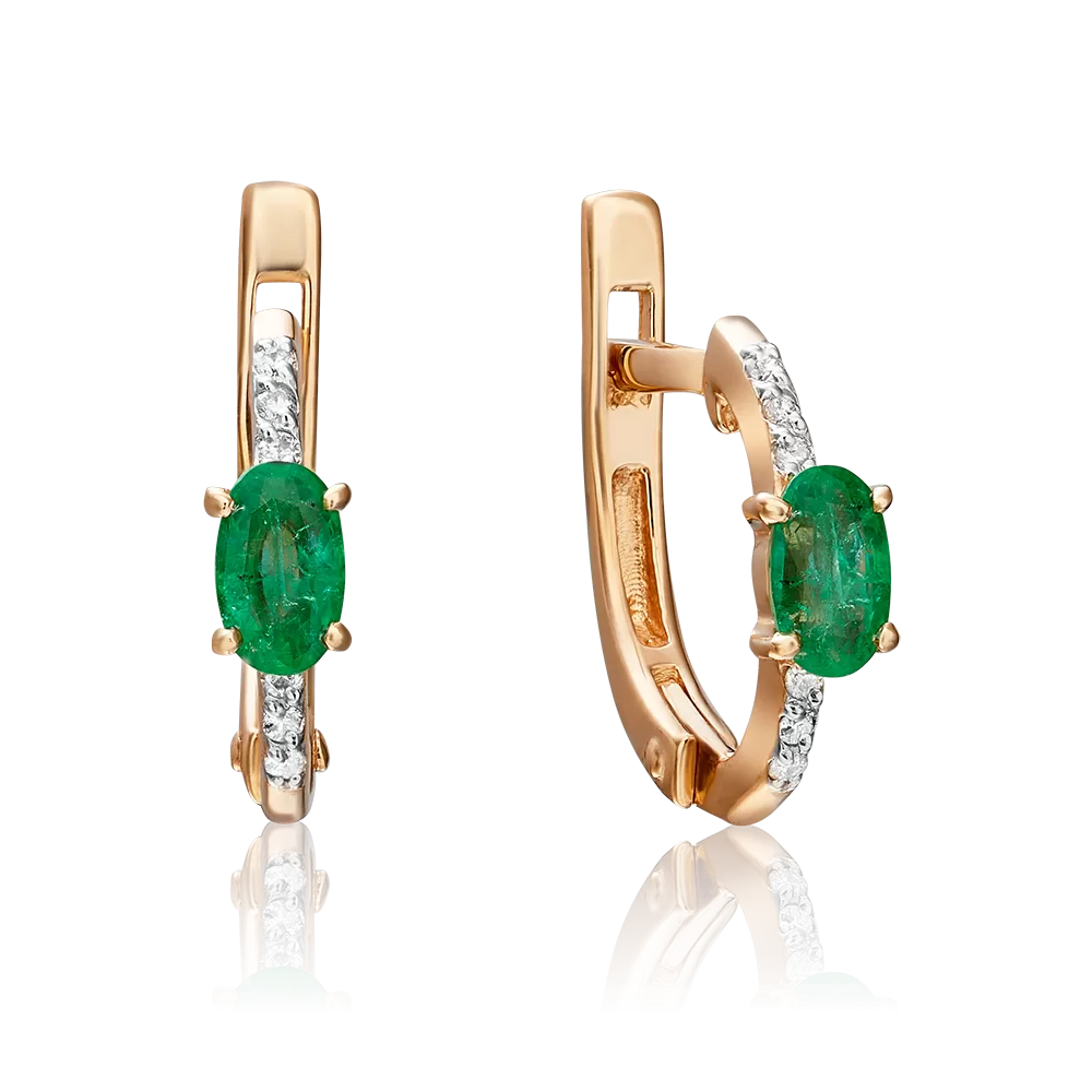 Серьги с английским замком из красного золота с изумрудом и бриллиантами 02-0897-00-106-1110-30