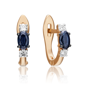 Серьги с английским замком из красного золота с сапфиром и бриллиантами