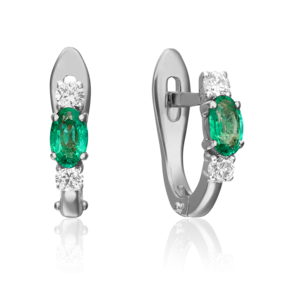 Серьги с английским замком из белого золота с изумрудом и бриллиантами