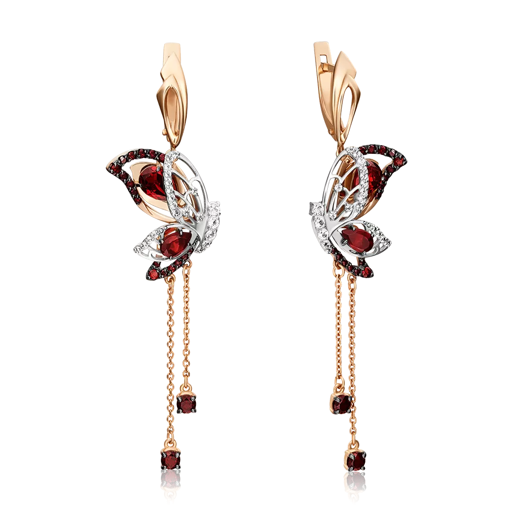 Серьги «Изящные бабочки» с английским замком из комбинированного золота с гранатами и натуральными топазами white 02-4571-00-264-1111-46