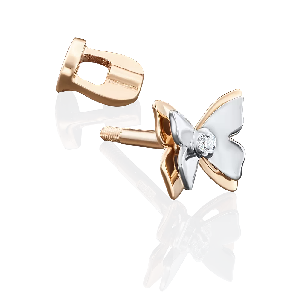 Моносерьга-пусет «Бабочка» из комбинированного золота с фианитом 02-3625-00-401-1111-03