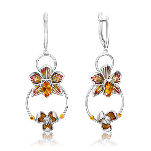 Серьги «Орхидеи» из серебра с цитринами и эмалью 02-4792-00-206-0200-68
