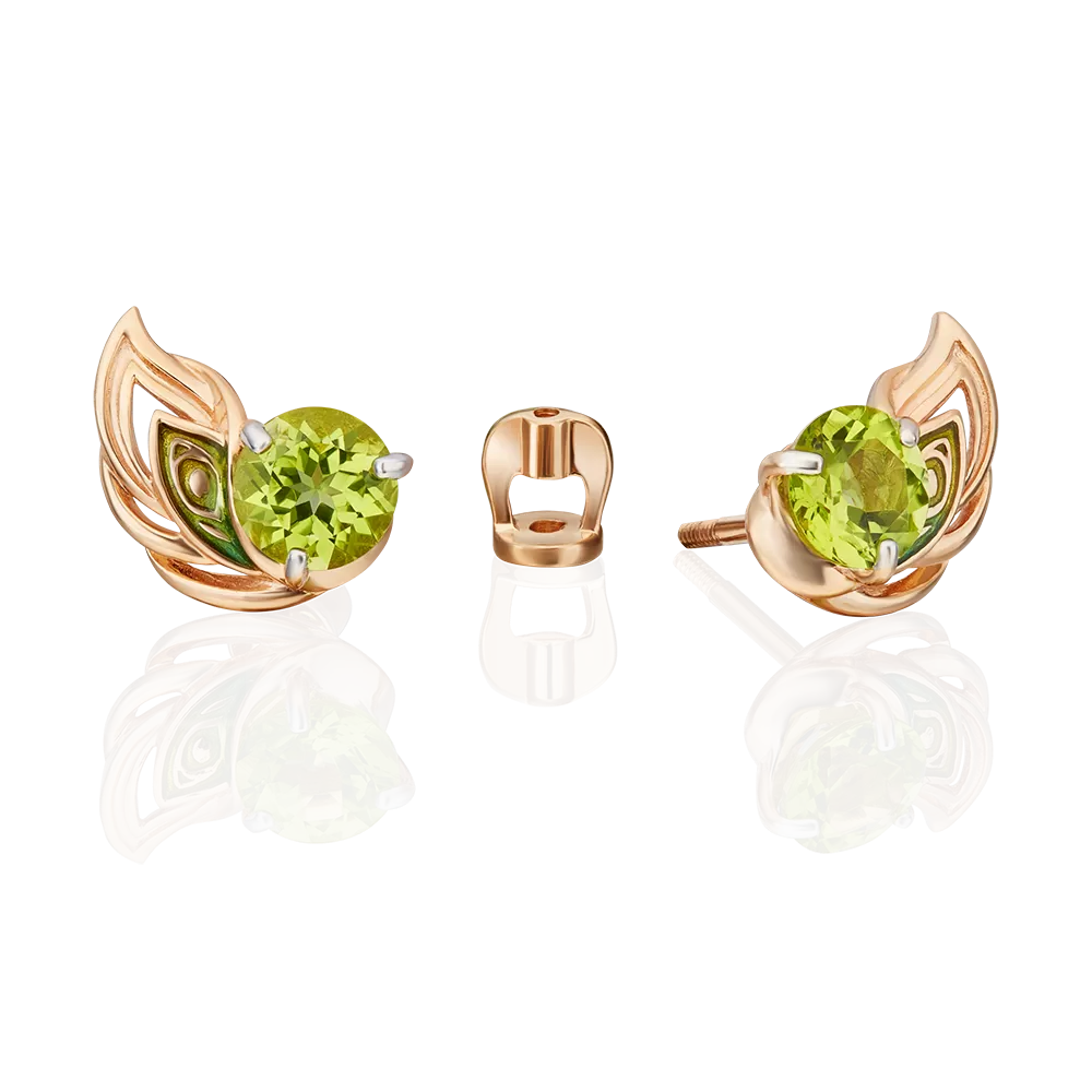 Серьги-пусеты «Преображение» из красного золота с хризолитом и эмалью 02-4859-00-205-1110