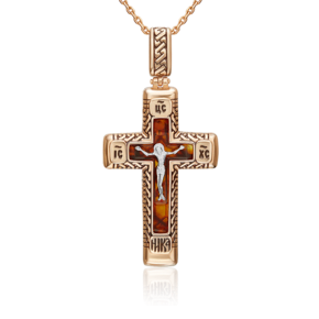 Православный крест из комбинированного золота с янтарём и эмалью 03-2632-00-271-1111-58