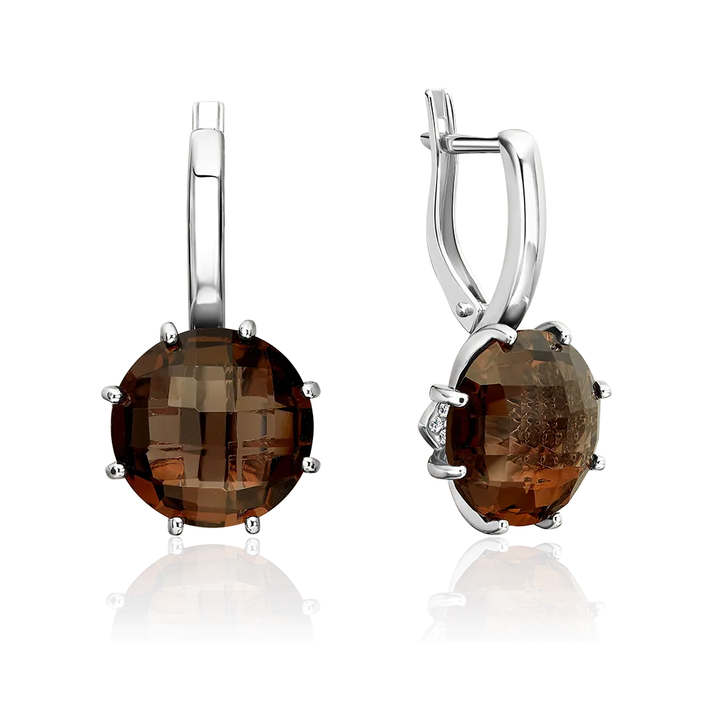 Серьги с английским замком из серебра с кварцем дымчатым и фианитами 02-2359-00-208-0200