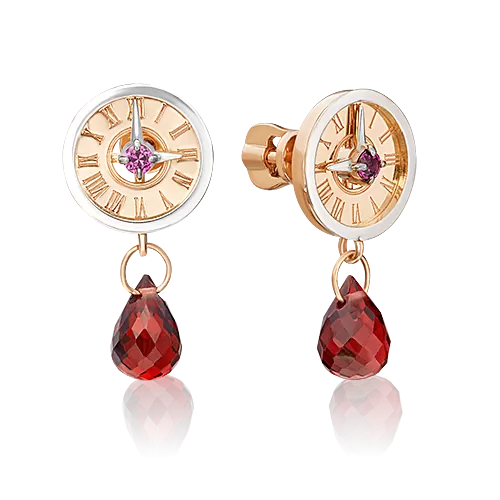 Серьги-пусеты «Обгоняя время» (пожелание удачи) из комбинированного золота с гранатами 02-4715-00-204-1111-75