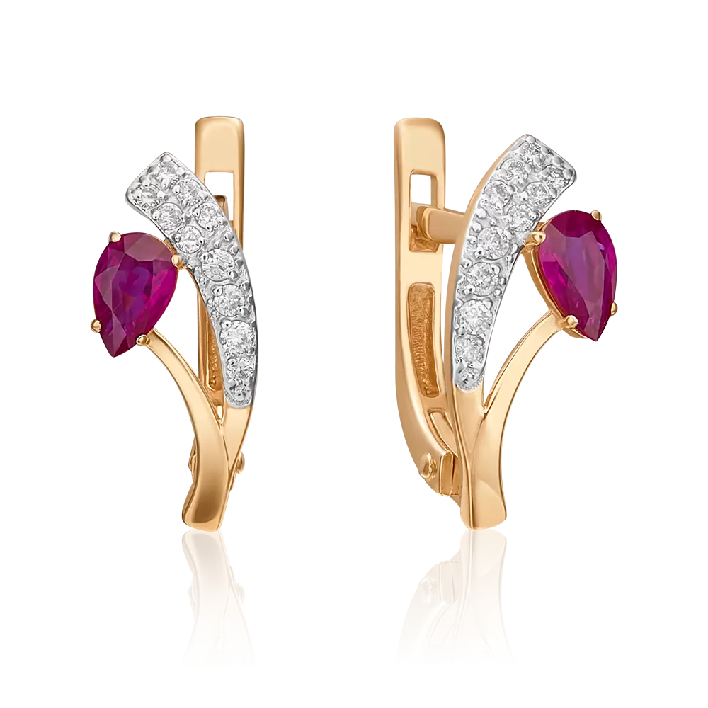 Серьги с английским замком из красного золота с рубином и бриллиантами 02-0377-00-107-1110-30