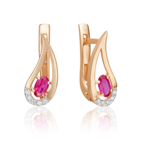 Серьги с английским замком из красного золота с рубином и бриллиантами