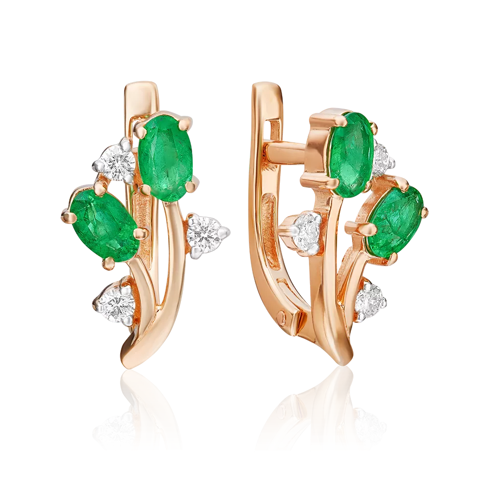Серьги с английским замком из красного золота с изумрудами и бриллиантами 02-0381-00-106-1110-30