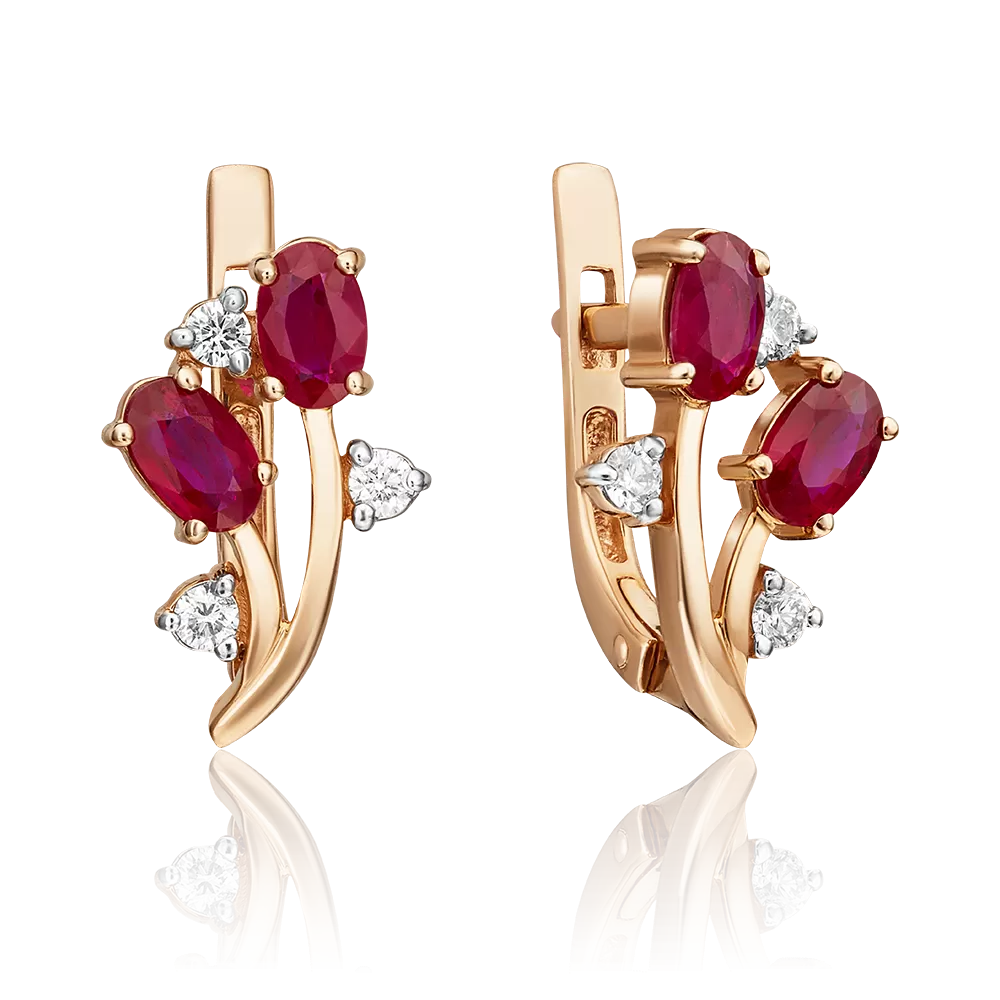 Серьги с английским замком из красного золота с рубинами и бриллиантами 02-0381-00-107-1110-30