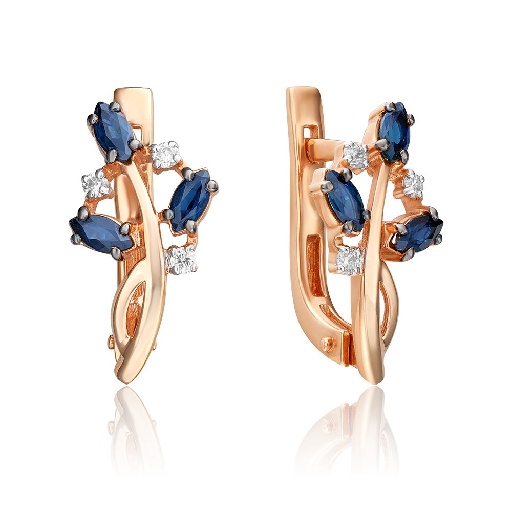 Серьги с английским замком из красного золота с сапфирами и бриллиантами 02-0383-00-105-1110-30