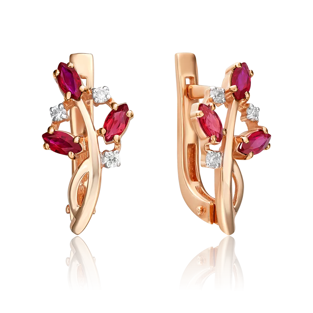 Серьги с английским замком из красного золота с рубинами и бриллиантами 02-0383-00-107-1110-30