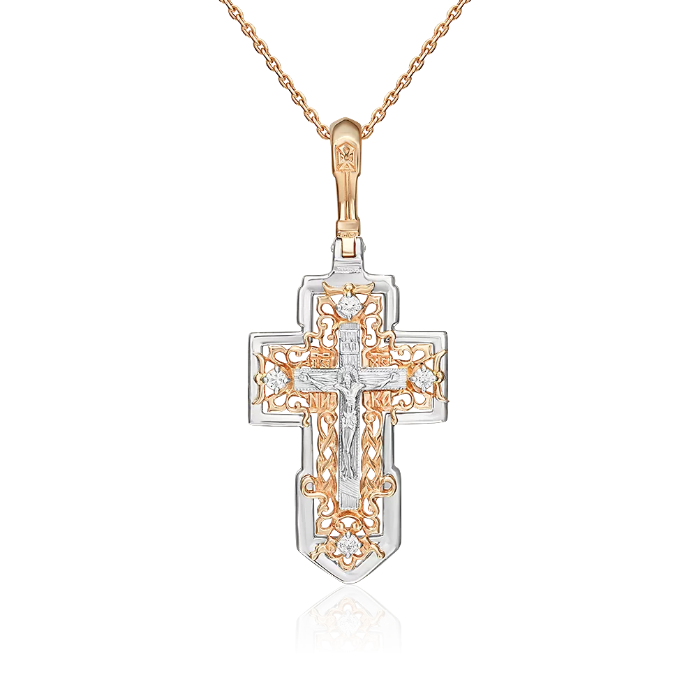 Православный крест из комбинированного золота с фианитами 03-1823-00-401-1111-03