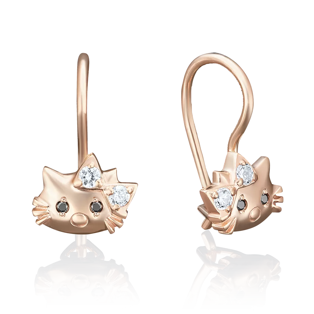 Детские серьги «Котята» с французским замком из красного золота с фианитами 02-2880-00-403-1110-03