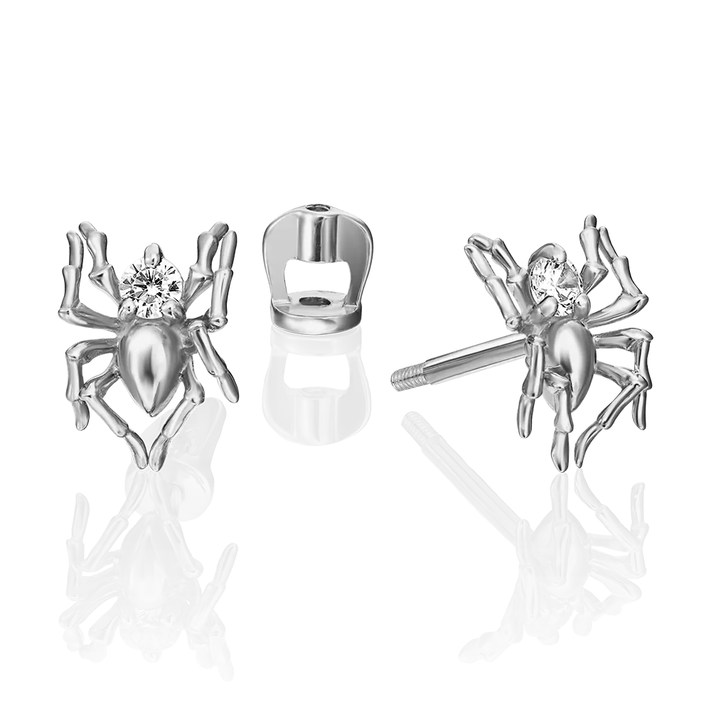 Серьги-пусеты «Пауки» из белого золота с фианитом 02-4478-00-401-1120-03