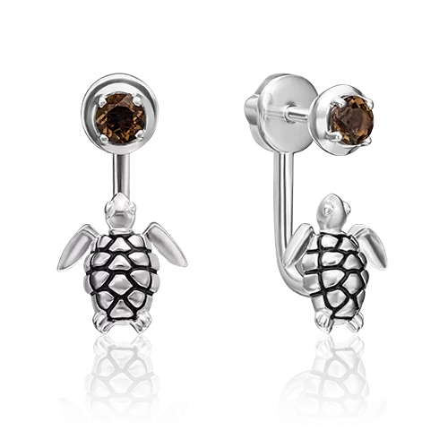 Серьги-джекеты «Черепахи» из серебра с кварцем дымчатым и эмалью 02-4669-00-202-0200-68