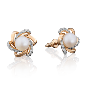 Серьги-пусеты из красного золота с жемчугом культивированным и фианитами 02-3242-00-302-1110-24