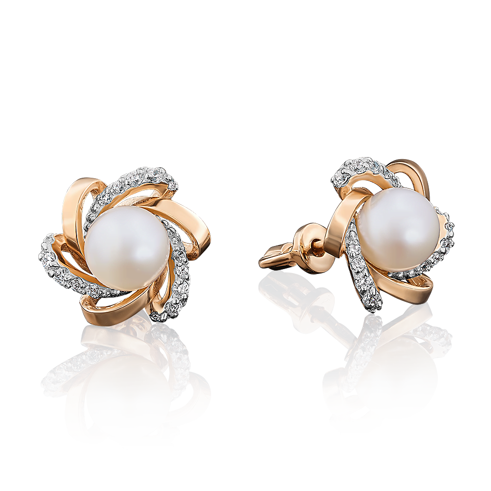 Серьги-пусеты из красного золота с жемчугом культивированным и фианитами 02-3242-00-302-1110-24