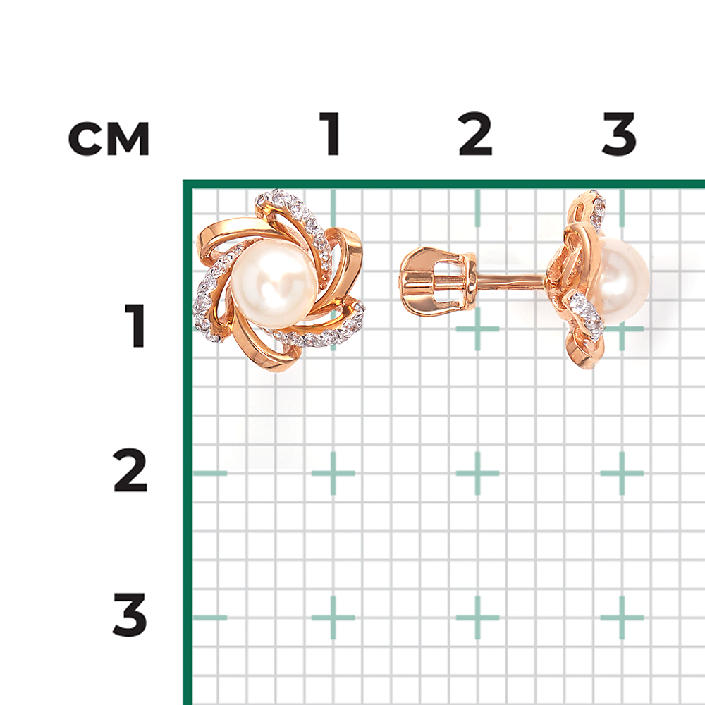 Серьги-пусеты из красного золота с жемчугом культивированным и фианитами 02-3242-00-302-1110-24
