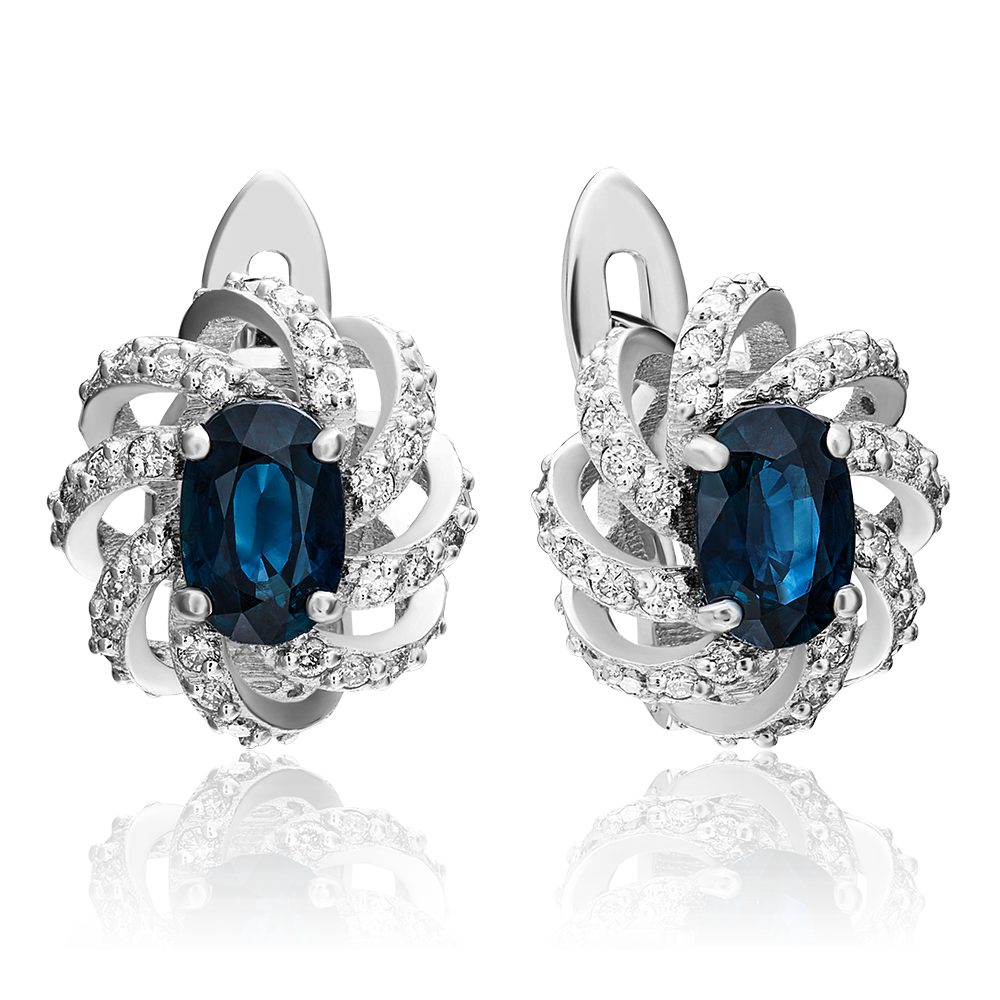 Серьги с английским замком из белого золота с сапфиром и бриллиантами 02-0854-00-105-1120-30
