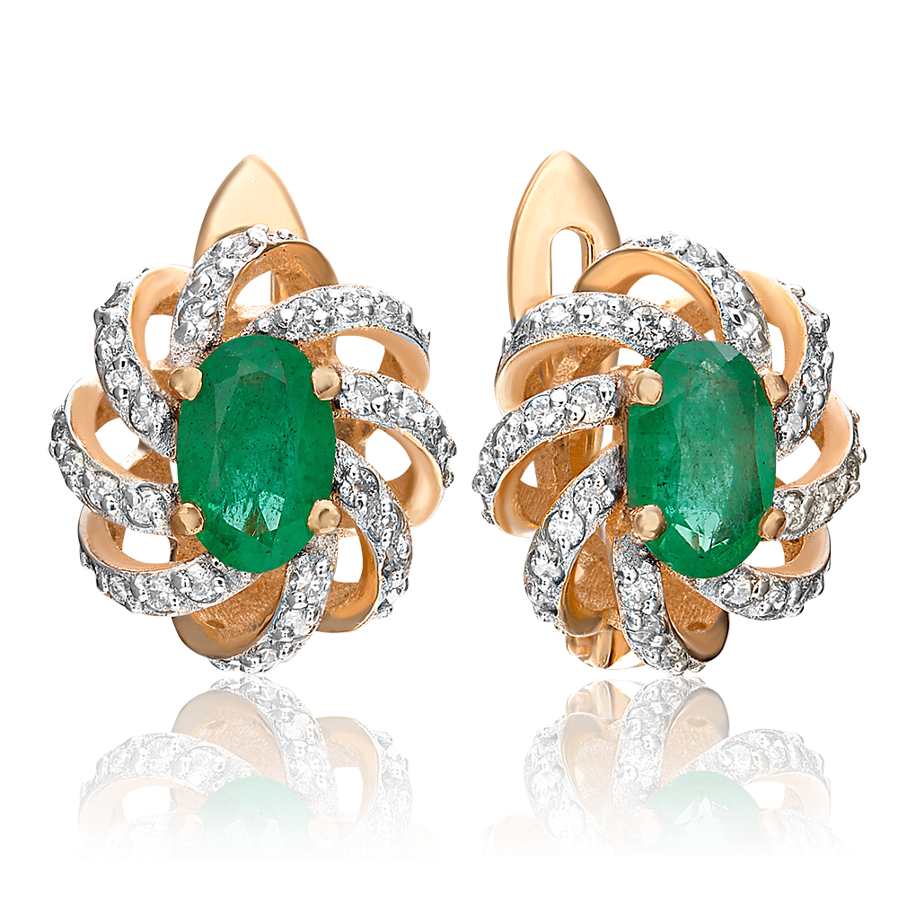 Серьги с английским замком из красного золота с изумрудом и бриллиантами 02-0854-00-106-1110-30
