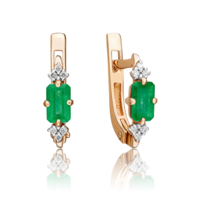 Серьги с английским замком из красного золота с изумрудом и бриллиантами