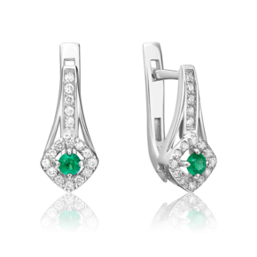Серьги с английским замком из белого золота с изумрудом и бриллиантами