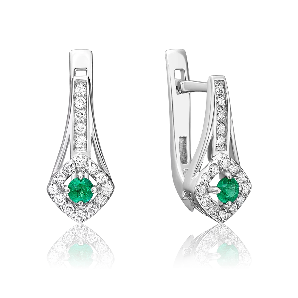 Серьги с английским замком из белого золота с изумрудом и бриллиантами 02-0882-00-106-1120-30