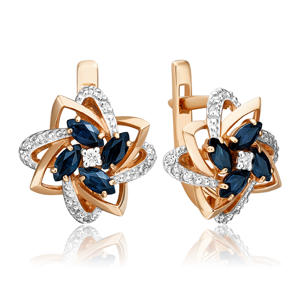 Серьги с английским замком из красного золота с сапфирами и бриллиантами 02-0883-00-105-1110-30
