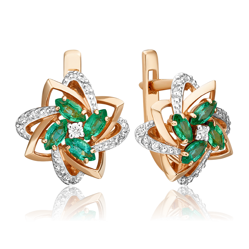 Серьги с английским замком из красного золота с изумрудами и бриллиантами 02-0883-00-106-1110-30
