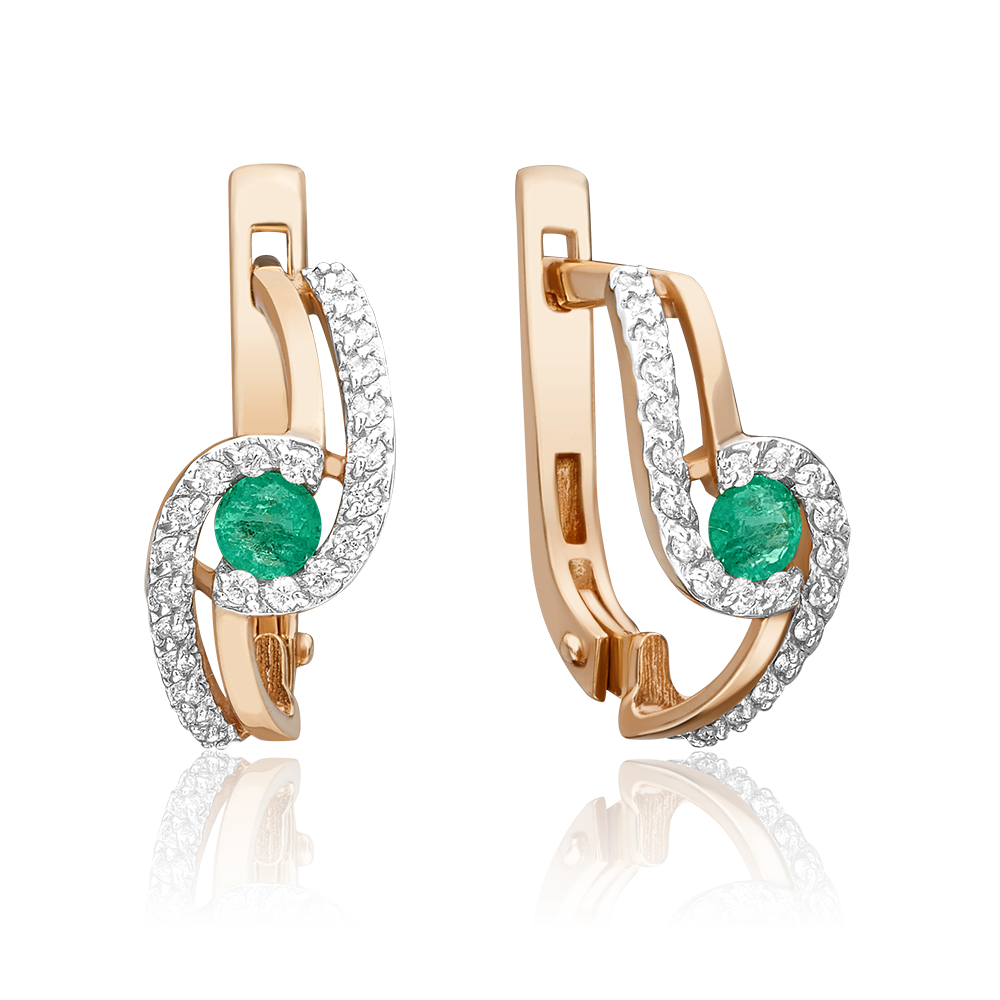 Серьги с английским замком из красного золота с изумрудом и бриллиантами 02-0884-00-106-1110-30