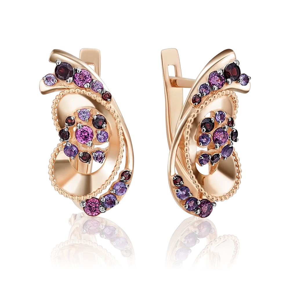 Серьги с английским замком из красного золота с гранатами и аметистами 02-4035-00-257-1110-57