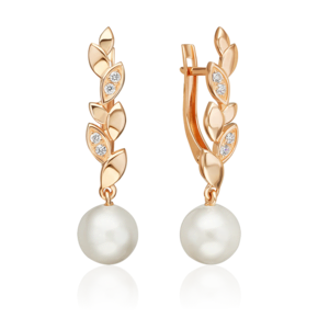 Серьги с английским замком из красного золота с жемчугом культивированным и фианитами 02-5602-00-302-1110